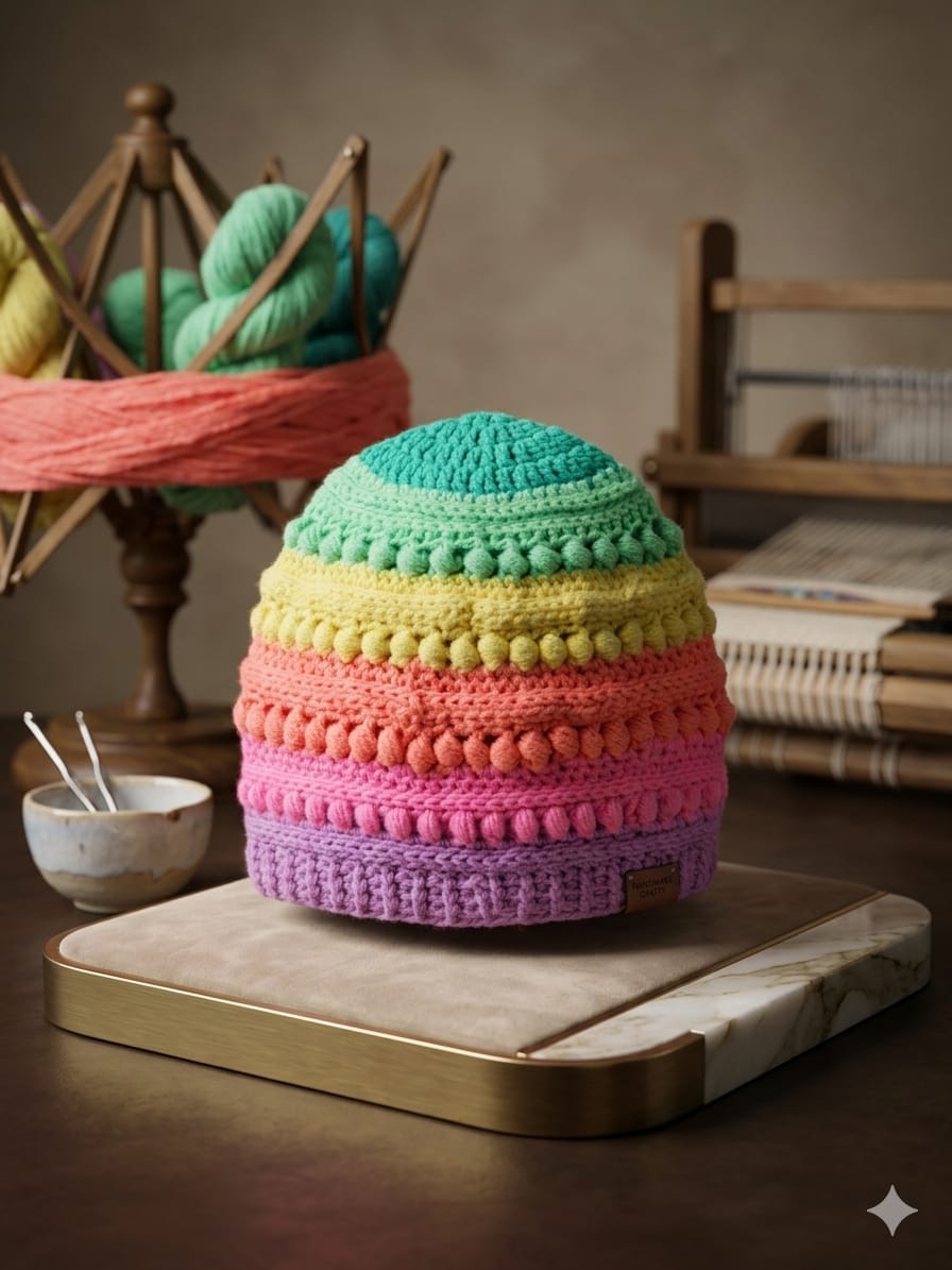 Handmade Rainbow Pastel Crochet Kid's Beanie – Textured Bobble Stitch Winter Hat