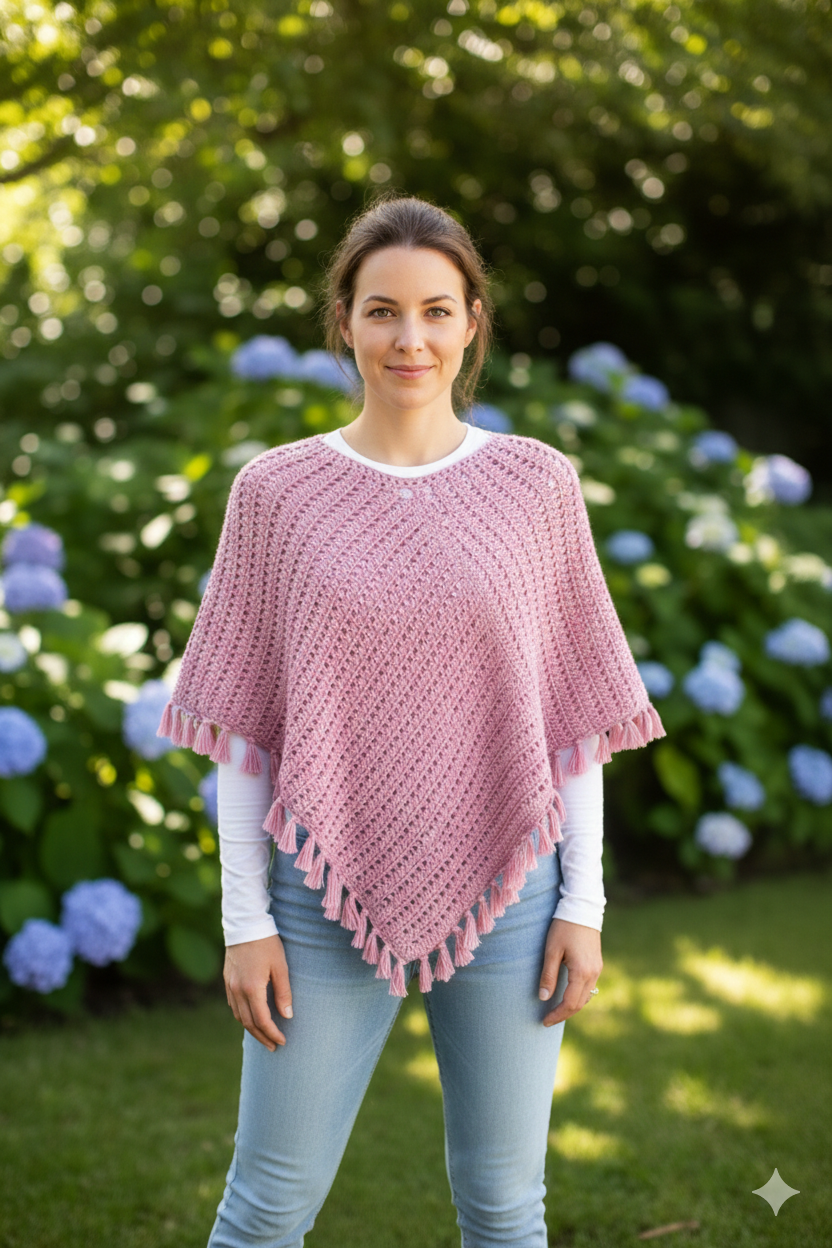 Hand-Crocheted Boho Poncho in Dusty Rose
