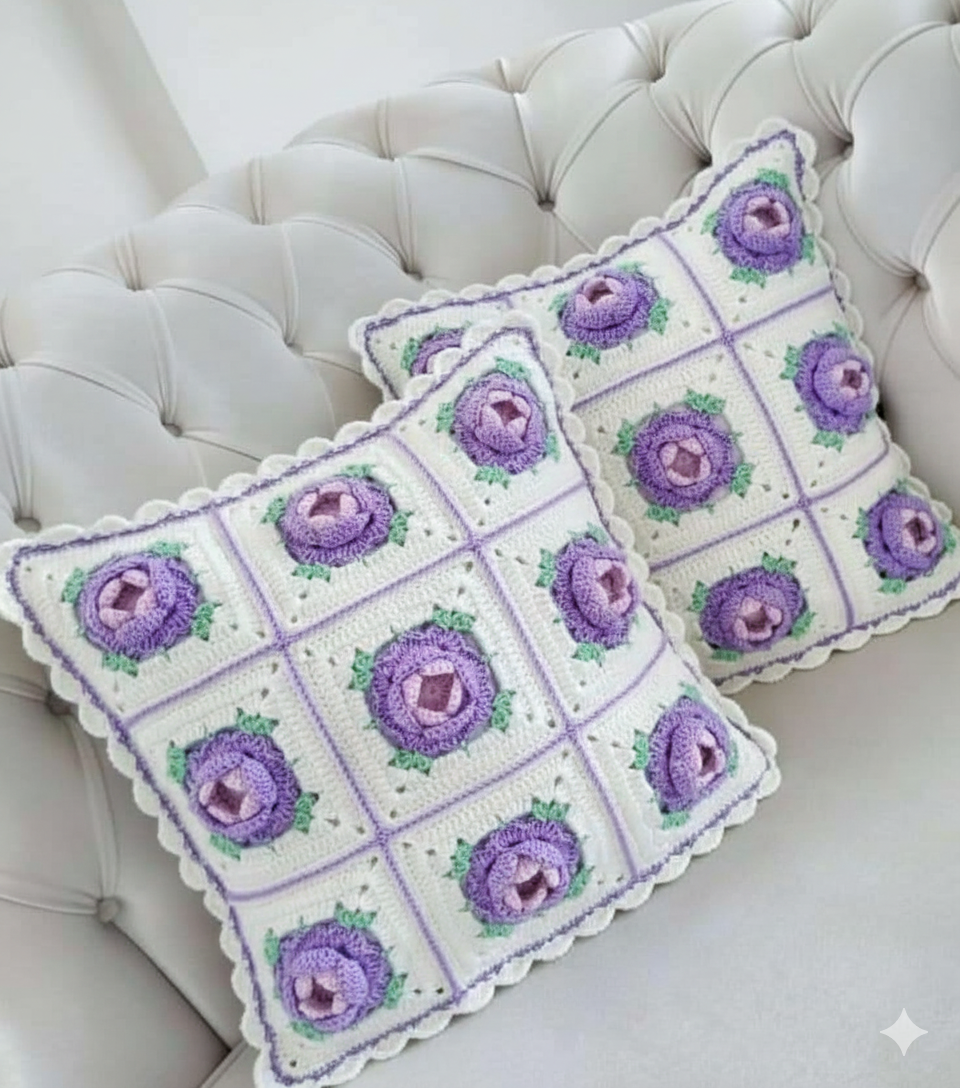 3D Lavender Rose Granny Square Crochet Pillow