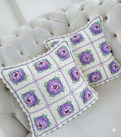 3D Lavender Rose Granny Square Crochet Pillow