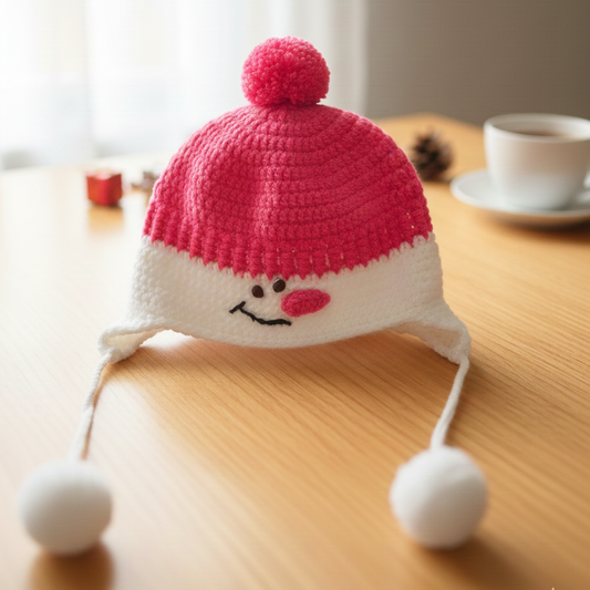 Crocheted Pink & White Snowman Earflap Beanie