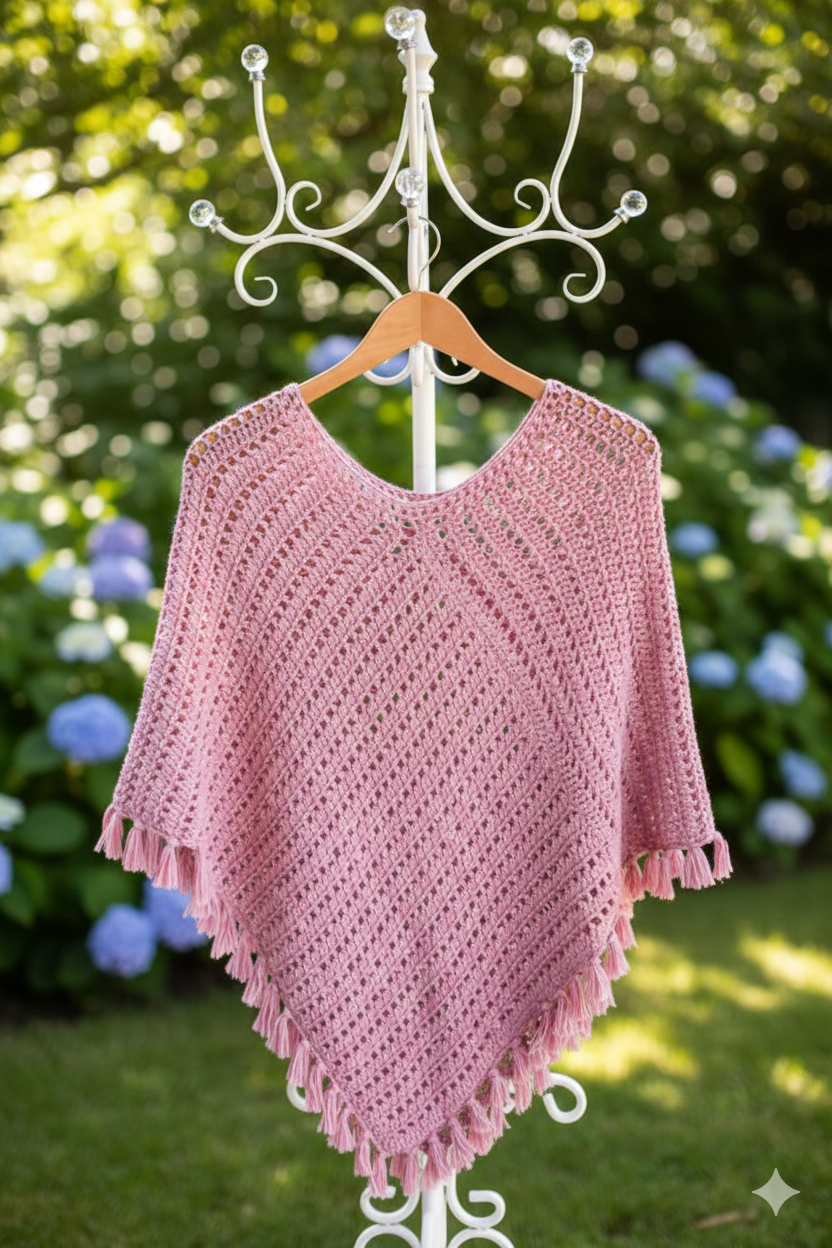 Hand-Crocheted Boho Poncho in Dusty Rose