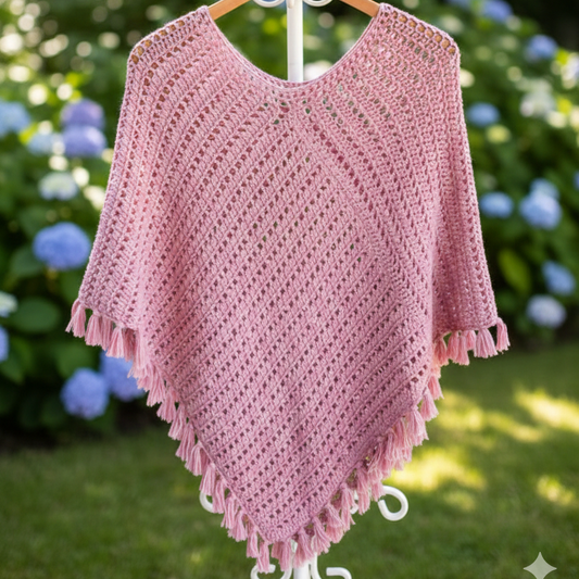 Hand-Crocheted Boho Poncho in Dusty Rose
