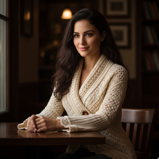 Cream Lace Crochet Bell-Sleeve Wrap Cardigan (Handmade)