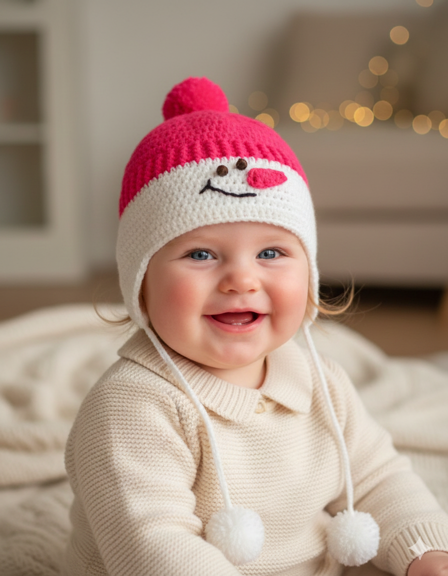 Crocheted Pink & White Snowman Earflap Beanie