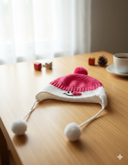 Crocheted Pink & White Snowman Earflap Beanie