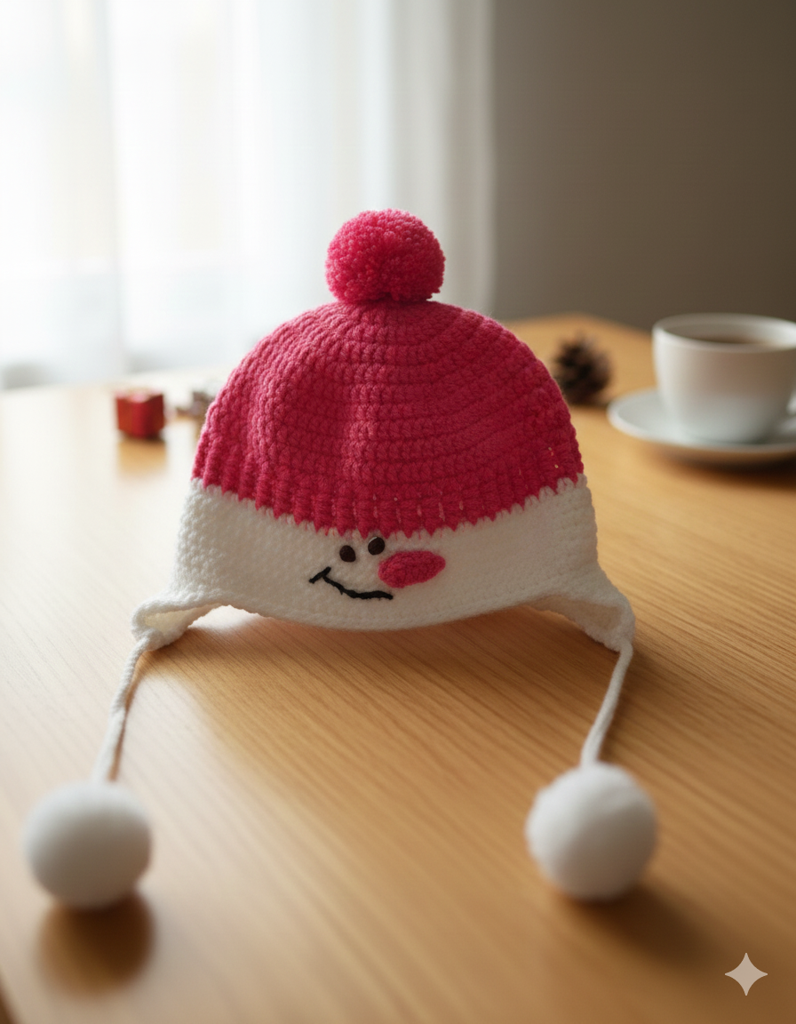 Crocheted Pink & White Snowman Earflap Beanie