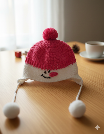 Crocheted Pink & White Snowman Earflap Beanie