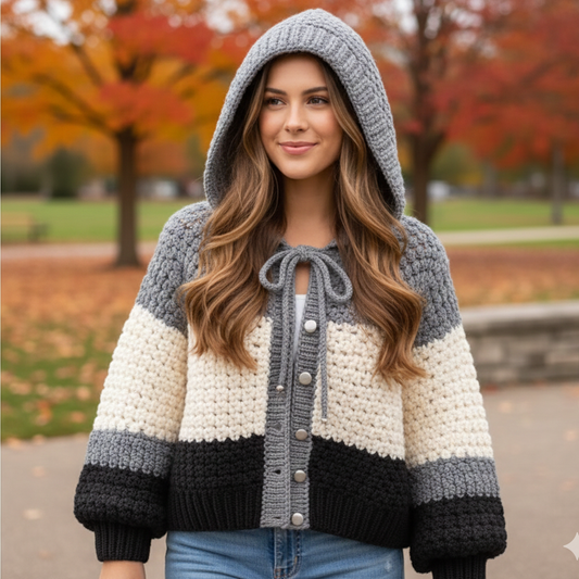 Block Crochet Hooded Cardigan (Handmade)