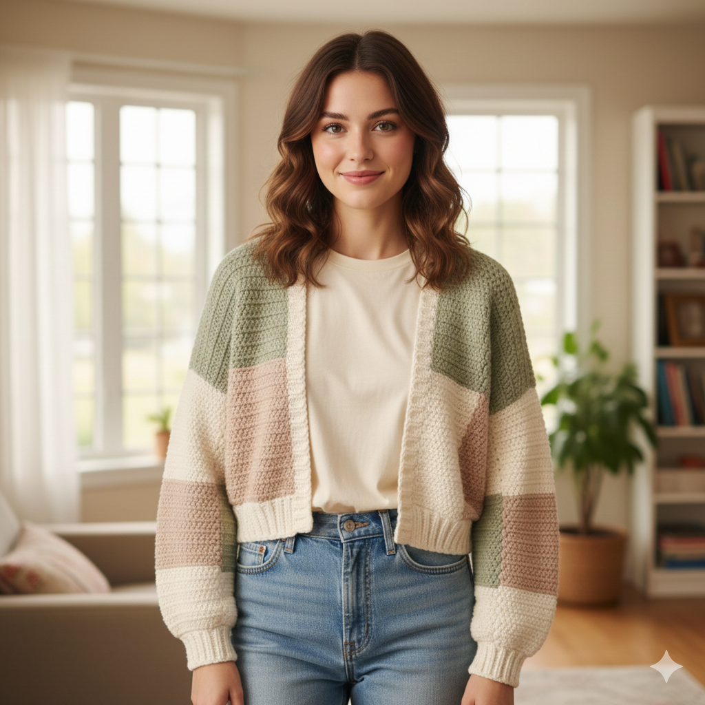 Handmade Sage & Rose Patchwork Crochet Cardigan