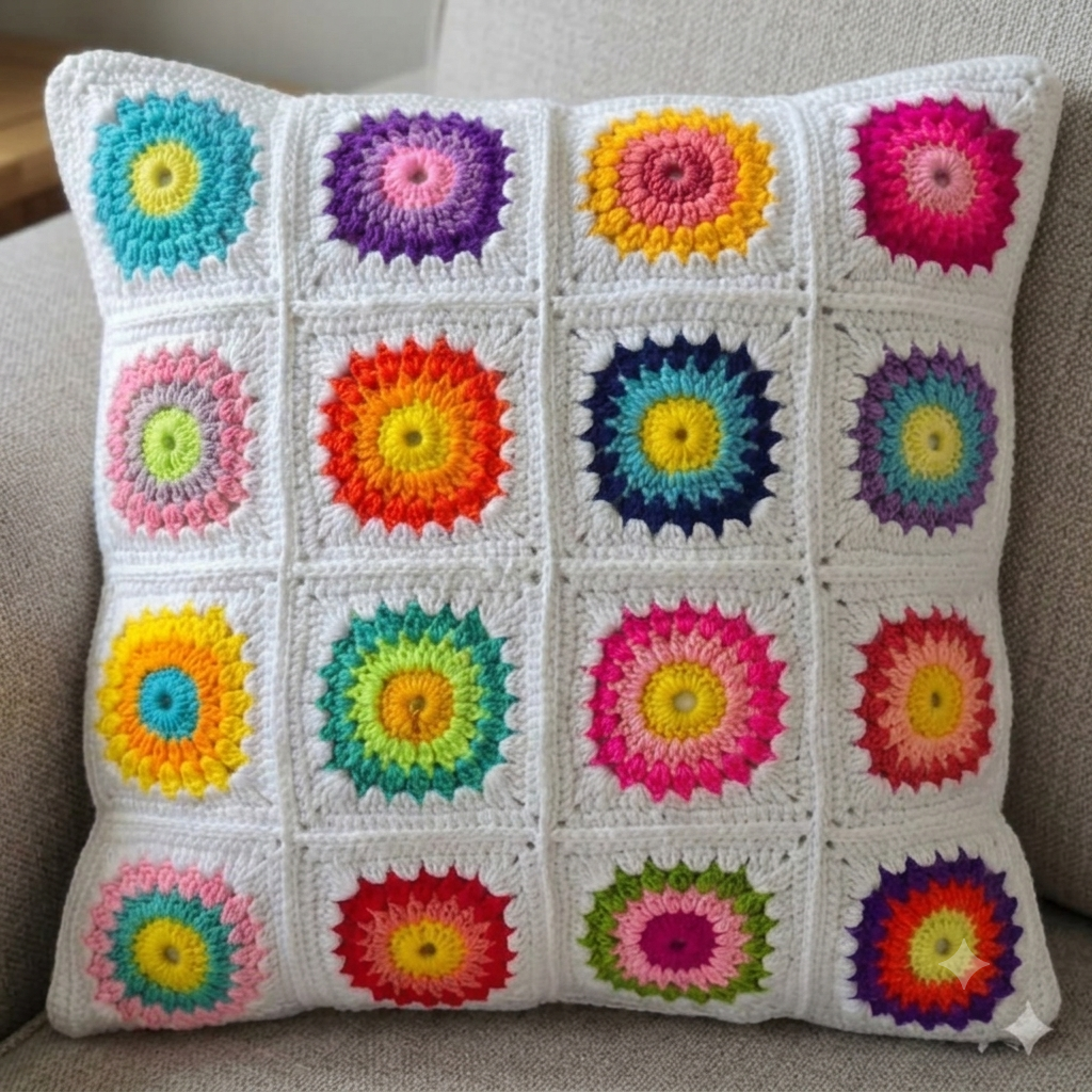 Colorful Sunburst Granny Square Crochet Cushion Cover – 16x16 Inch Handmade Boho Pillow Case
