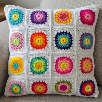 Colorful Sunburst Granny Square Crochet Cushion Cover – 16x16 Inch Handmade Boho Pillow Case