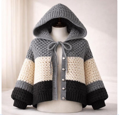 Block Crochet Hooded Cardigan (Handmade)