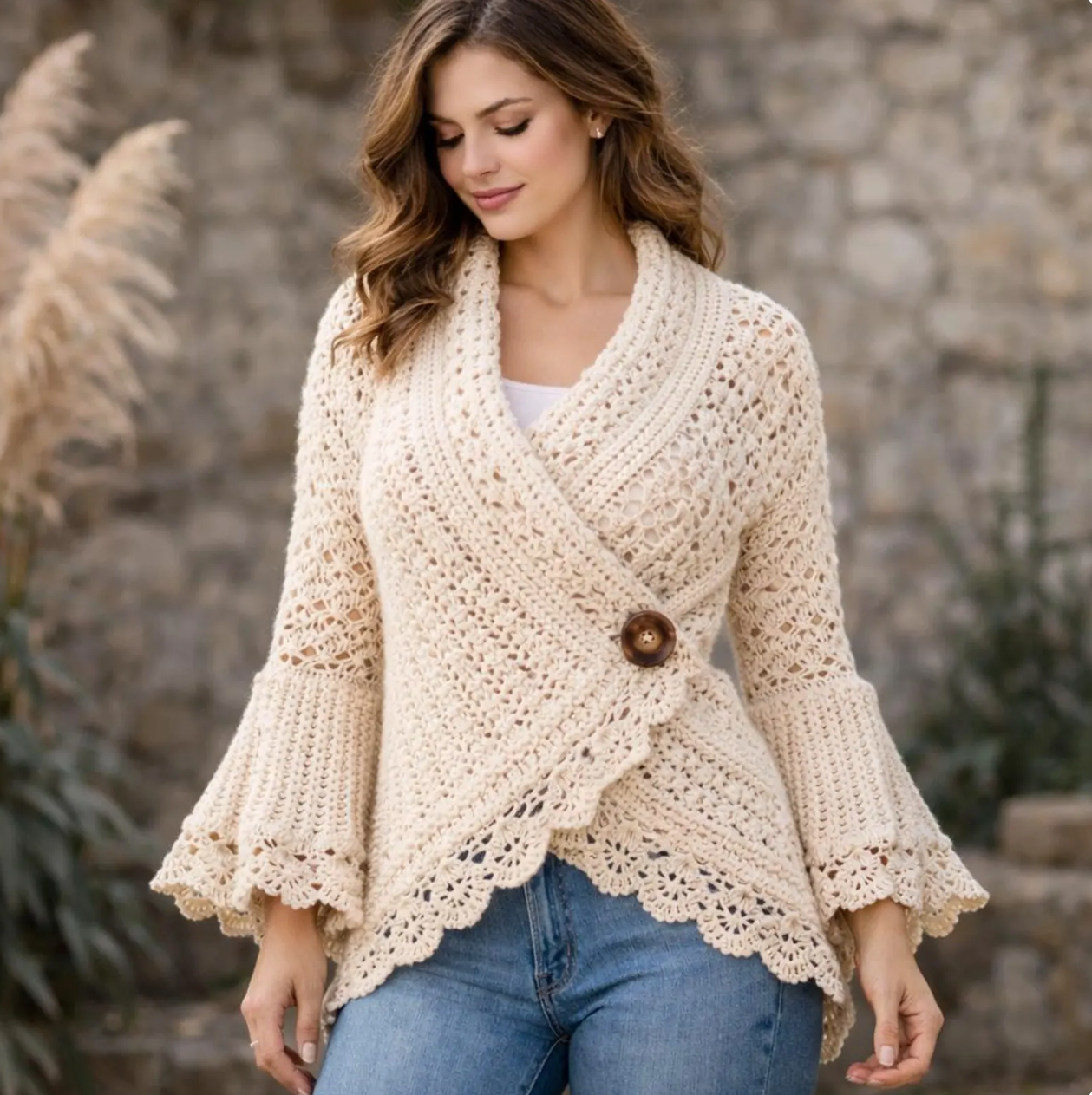 Cream Lace Crochet Bell-Sleeve Wrap Cardigan (Handmade)
