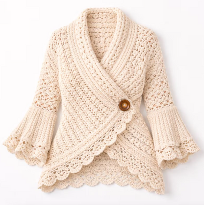 Cream Lace Crochet Bell-Sleeve Wrap Cardigan (Handmade)