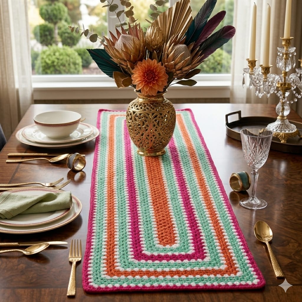 Vibrant Retro Crochet Table Runner | 100% Handmade Boho Table Decor