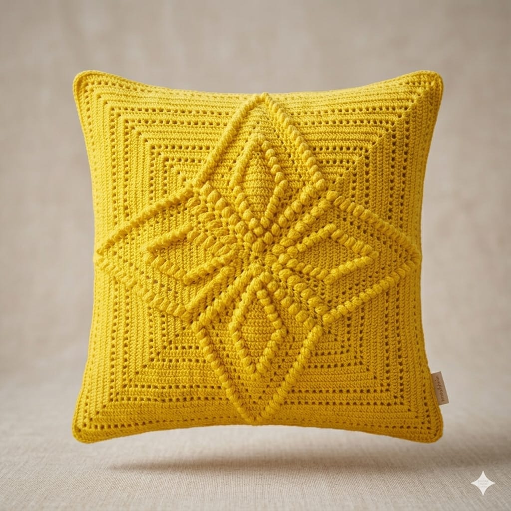 Mustard Yellow Handmade Geometric Crochet Cushion Cover