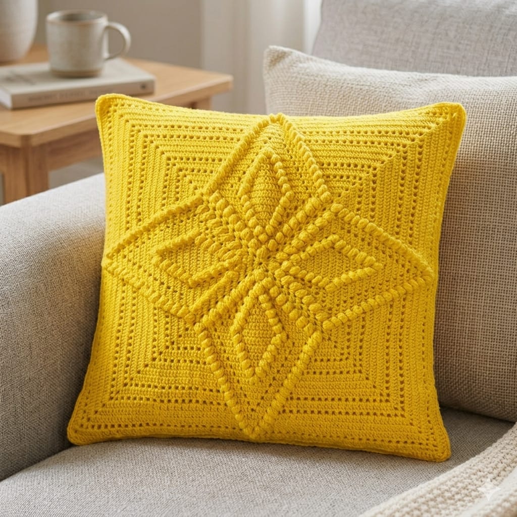 Mustard Yellow Handmade Geometric Crochet Cushion Cover