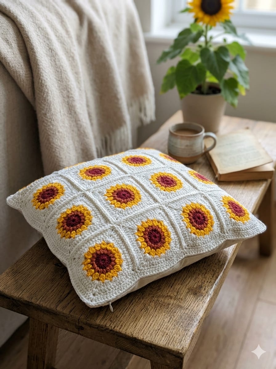 Sunburst Sunflower Crochet Cushion Cover
