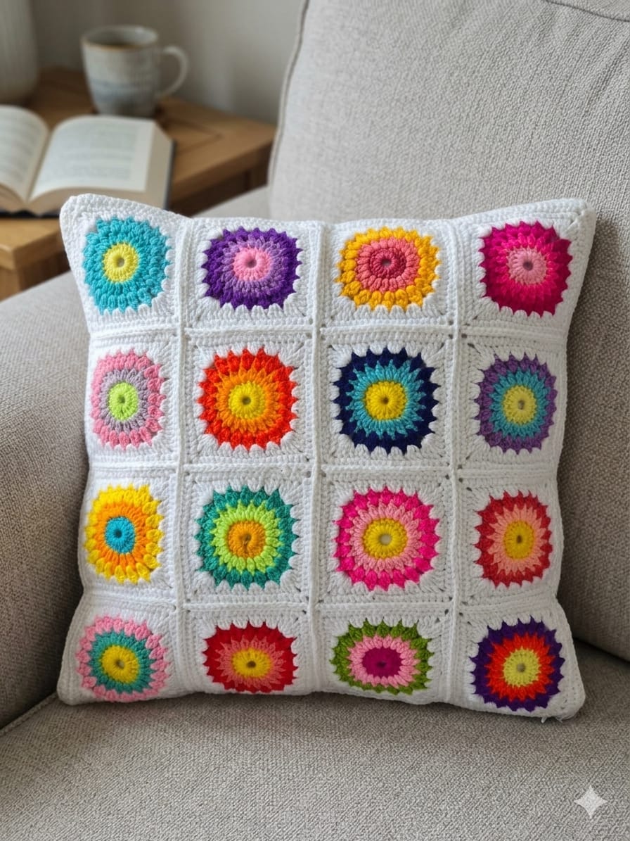 Colorful Sunburst Granny Square Crochet Cushion Cover – 16x16 Inch Handmade Boho Pillow Case