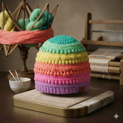 Handmade Rainbow Pastel Crochet Kid's Beanie – Textured Bobble Stitch Winter Hat