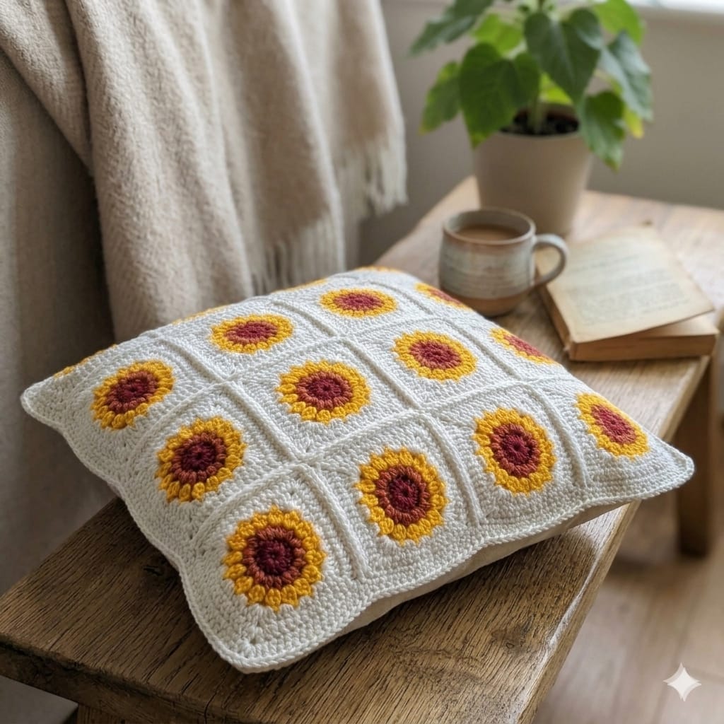 Sunburst Sunflower Crochet Cushion Cover