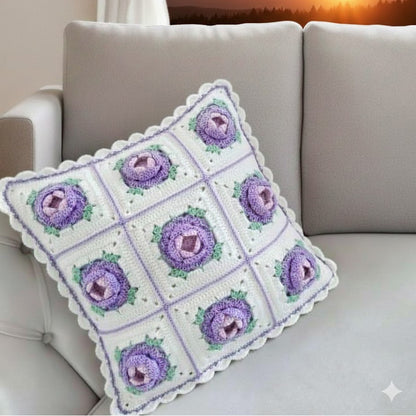 3D Lavender Rose Granny Square Crochet Pillow